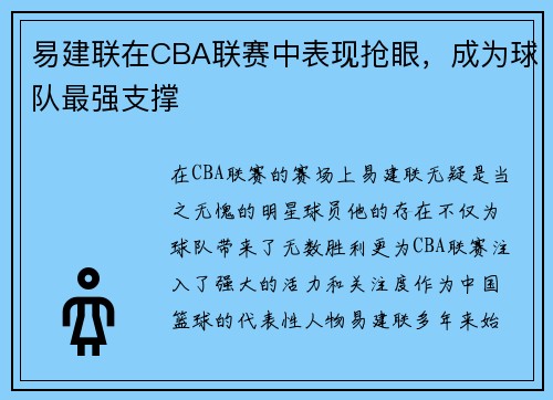 易建联在CBA联赛中表现抢眼，成为球队最强支撑