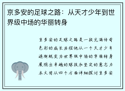 京多安的足球之路：从天才少年到世界级中场的华丽转身
